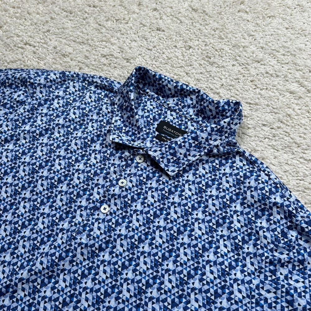 Bugatchi OoohCotton Tech 8-Way Polo Shirt XXL Classic Blue Geometric Stretch